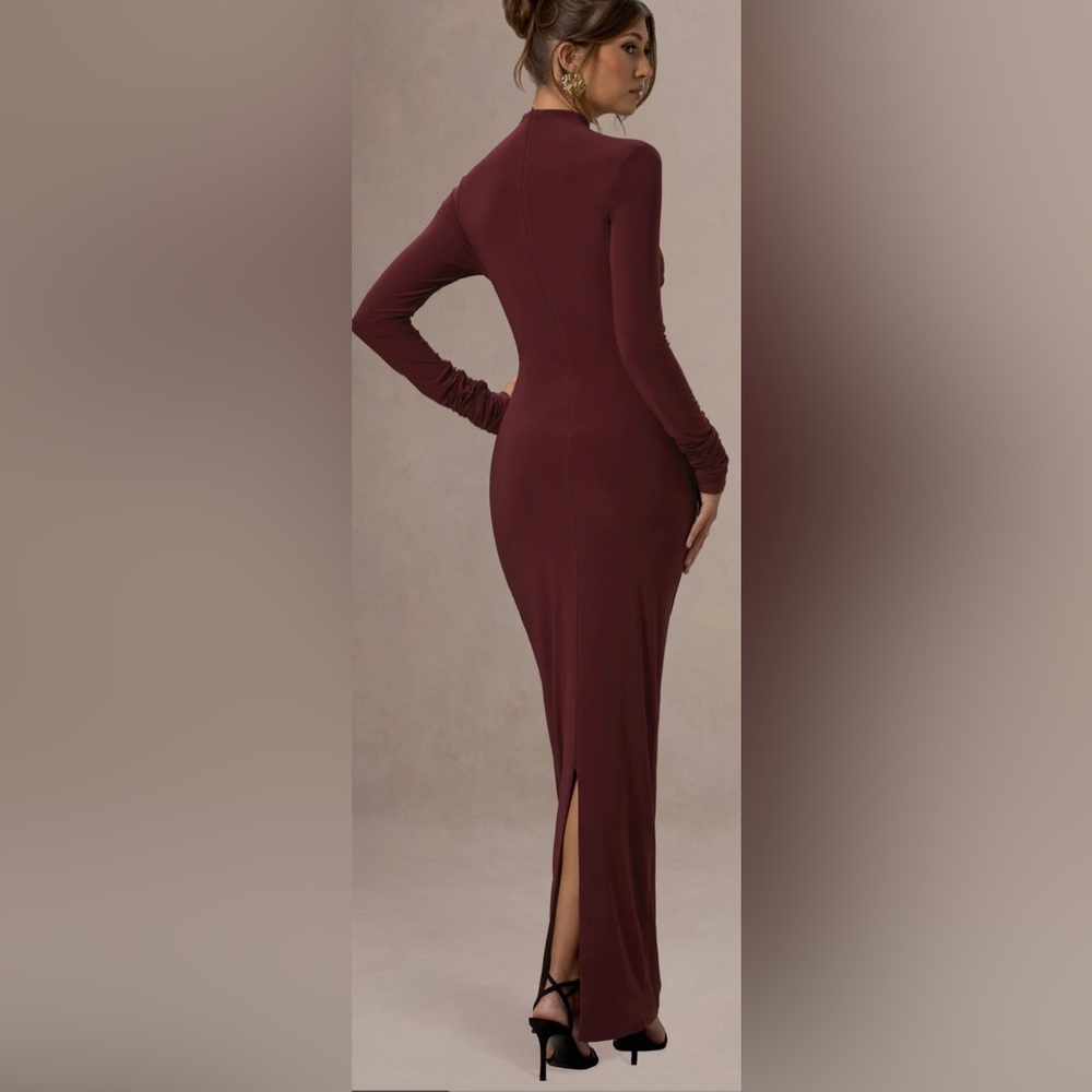 NWT Club L London BLACK Hespera Runched Long Sleeve Mock Neck Gown with Slit - Picture 4 of 7